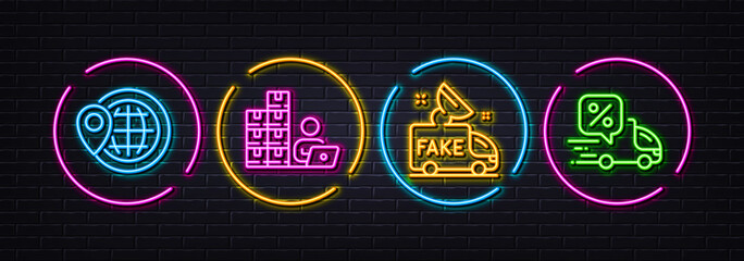 World travel, Inventory and Fake news minimal line icons. Neon laser 3d lights. Delivery discount icons. For web, application, printing. Map pointer, Goods operator, Social propaganda. Courier. Vector