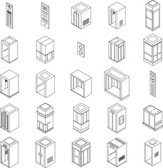 Elevator icons set. Isometric set of Elevator vector icons outline vector on white background