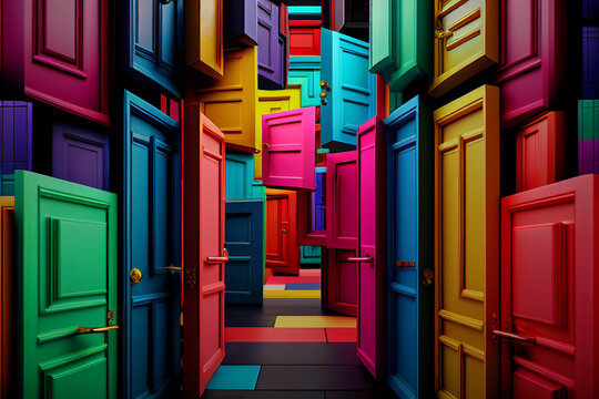 Colorful multi-colored doors. Colors of rainbow. The concept of multiple choice, different paths, identity. Digital illustration. 3d render