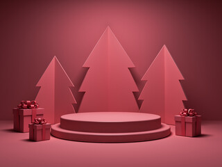 Blank pink pastel color christmas stage podium pedestal or blank product display exhibition stand platform isolated on dark pink background with shadow minimal conceptual 3D rendering