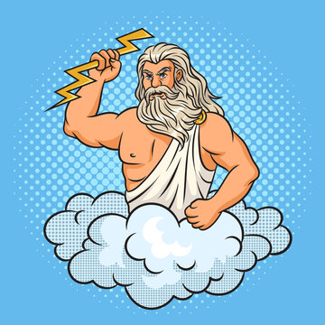 Zeus god with lightning in his hand pinup pop art retro raster illustration. Comic book style imitation.