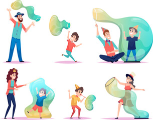 Soap bubbles show. Attraction for kids transparent big soap bubbles flying and liquids exact vector cartoon templates