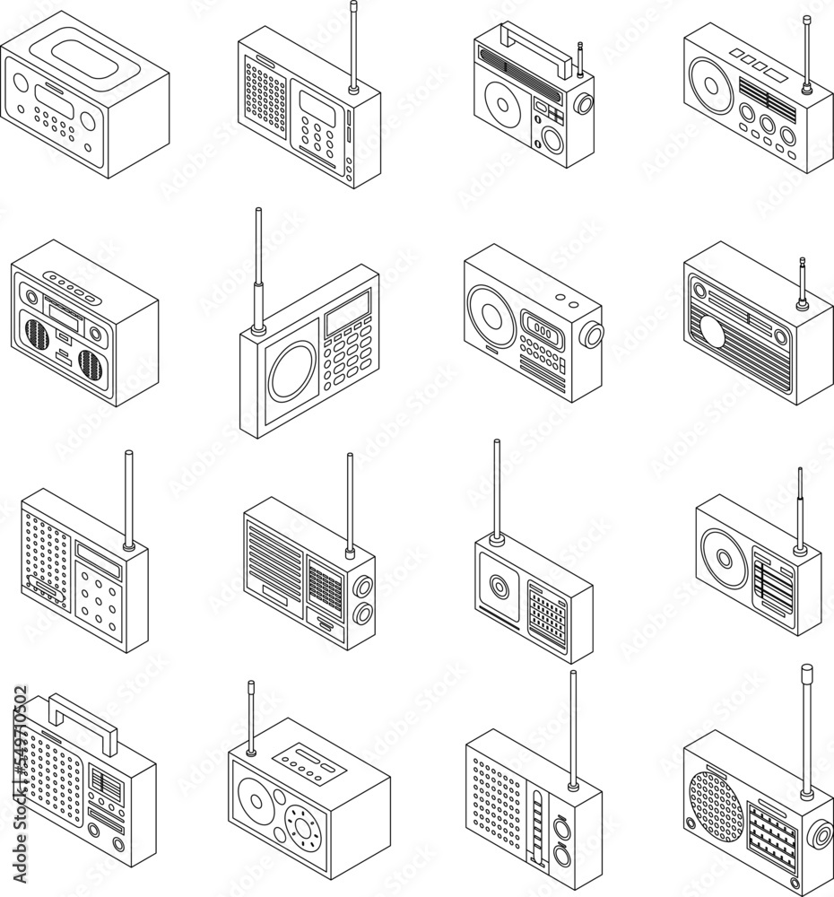 Poster Radio icons set. Isometric set of radio vector icons outline vector on white background - Posters