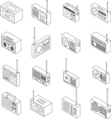 Radio icons set. Isometric set of radio vector icons outline vector on white background