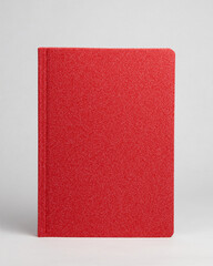 Red diary in standing view on table on white background. Frontside