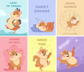 Hamsters cards. Posters design with chubby characters happy hamsters on gift cards exact vector template