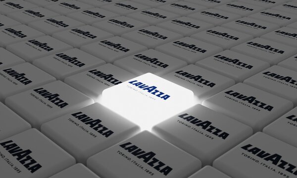 Melitopol, Ukraine - November 21, 2022: Lavazza logo icon isolated on shape of cubes. Lavazza is an Italian manufacturer of coffee products It was founded in Turin in 1895 by Luigi Lavazza