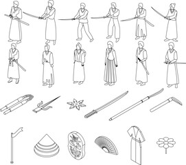 Samurai icons set. Isometric set of samurai vector icons outline vector on white background