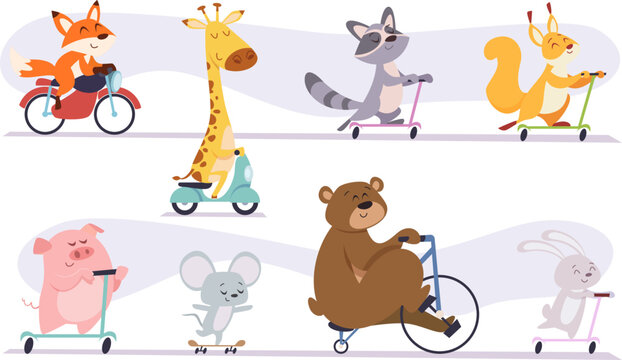 Animals riding. Cute funny wild characters riding bikes cars and scooter exact vector cartoon templates