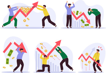 Finance crisis. People scary from bad graph business statistics finance problems economic recession recent vector concept illustrations