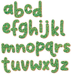 Christmas tree red velvet sugar cookies ~ lowercase alphabet letters pack of green and red abc's on a transparent isolated background for Christmas holiday season