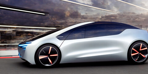 Futuristicc concept sport car in a metaverse city. Neon glowing. 3d