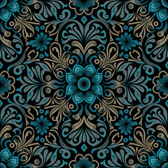 vintage retro pattern tile with a blue and gold floral pattern on a black background