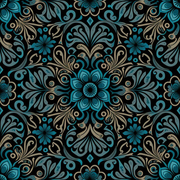 vintage retro pattern tile with a blue and gold floral pattern on a black background