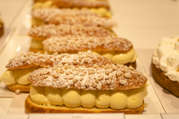 Close up of french cakes in a  french patisserie