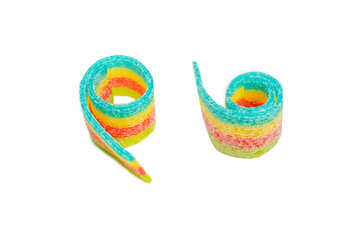 Assorted colorful gummy candies. Top view. Jelly donuts. Jelly bears. Isolated on a white background.