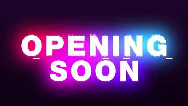 Modern bright neon opening soon text displacement animation.
