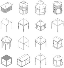 Gazebo icons set. Isometric set of gazebo vector icons outline vector on white background