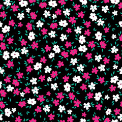 Cute floral pattern. Seamless vector texture. An elegant template for fashionable prints. Print with small white and pink  flowers . black background.
