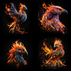 Phoenix from the ashes. Fire bird. Flaming Fire wings. Set of four unique illustrations. Isolated against a solid background. Set 1