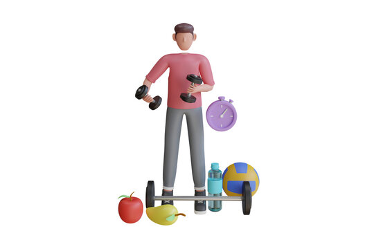 man does exercise with dumbbell at cozy home. cardio exercise, fitness exercise. 3D rendering