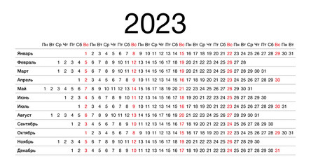 Calendar grid for 2023 year. Simple horizontal template in Russian language. 