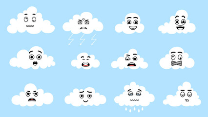Cute cartoon white clouds expression faces. Isolated cloud with raindrops, weather emotional symbols. Fancy childish nature elements, vector stickers