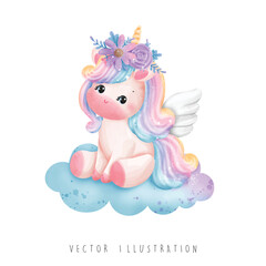 Watercolor unicorn, magical unicorn vector illustration