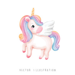 Watercolor unicorn, magical unicorn vector illustration