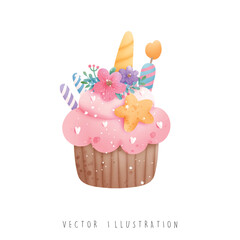Watercolor unicorn cupcake, vector illustration