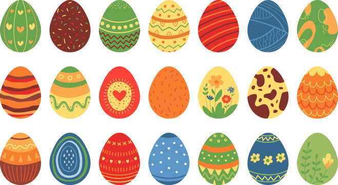 Flat easter isolated eggs. Sweet table decoration, spring festival egg decor templates. Holy holiday classy vector stickers, doodle creative food