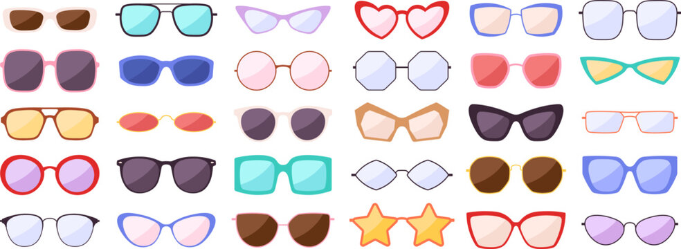 Sunglasses fashion silhouette. Cool kids spectacles in color rim. Isolated glasses, trendy eyewear icons. Racy vector stylish summer accessories