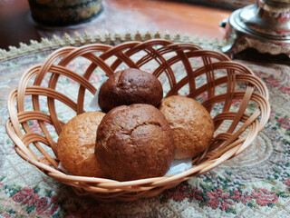 fresh bread buns in a basket on a table in a russian style restaurant