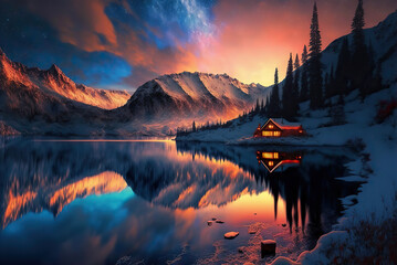 Fototapeta na wymiar Lonely hut by the lake. Sunset over the lake. Fantasy winter forest landscape. Digital art