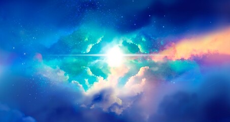 Obraz premium Wide size landscape illustration of a beautiful entrance to heaven, shining divinely through the rainbow-colored clouds. 