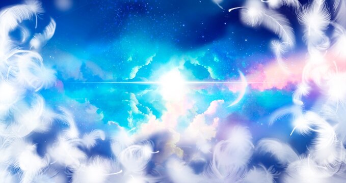 Illustration of mysterious background of blue space with fluffy white angel wings and colorful clouds.	