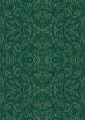 Hand-drawn unique abstract symmetrical seamless gold ornament on a dark cold green background. Paper texture. Digital artwork, A4. (pattern: p03d)
