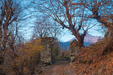 Gates of the ruins of the ancient Albanian complex of seven churches date back to the 4th-5th centuries. Gakh region of Azerbaijan