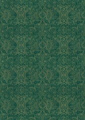 Hand-drawn unique abstract symmetrical seamless gold ornament on a dark cold green background. Paper texture. Digital artwork, A4. (pattern: p04e)