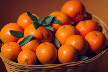 Fresh ripe tangerines with green leaves on a wooden table, close-up. Christmas illustration for design, background, template, banner, decoration element