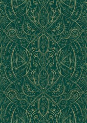 Hand-drawn unique abstract symmetrical seamless gold ornament on a dark cold green background. Paper texture. Digital artwork, A4. (pattern: p08-2d)