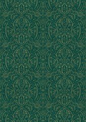 Hand-drawn unique abstract symmetrical seamless gold ornament on a dark cold green background. Paper texture. Digital artwork, A4. (pattern: p08-2e)