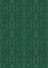 Hand-drawn unique abstract symmetrical seamless gold ornament on a dark cold green background. Paper texture. Digital artwork, A4. (pattern: p09e)