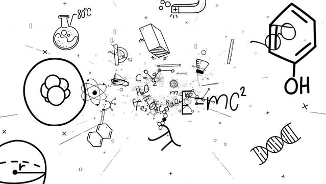 An endless loop of scientific doodles on white background.