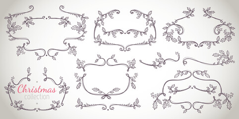 Christmas luxury frames and borders set. Black and white. Xmas holly branches laurels. Holiday elements