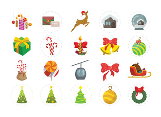 Set of flat Christmas icons. with gift, santa sledge, christmas tree, bell, reindeer