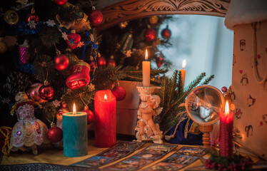 Rite on Christmas, wicca or pagan energy magic. Christmas eve prediction. Attracting love, money and luck into your life. Candle magic  