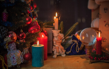 Rite on Christmas, wicca or pagan energy magic. Christmas eve prediction. Attracting love, money and luck into your life. Candle magic  