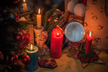 Rite on Christmas, wicca or pagan energy magic. Christmas eve prediction. Attracting love, money and luck into your life. Candle magic  
