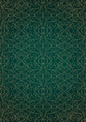 Hand-drawn abstract gold ornament on a dark green cold background, with vignette of darker background color and splatters of golden glitter. Paper texture. Digital artwork, A4. (pattern: p02-1e)